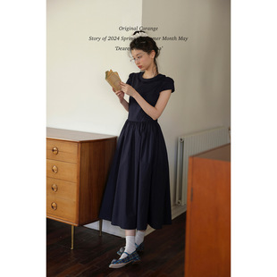 /Corange/短袖圆领木耳花边收腰复古少女感A字连衣裙 英式藏蓝色