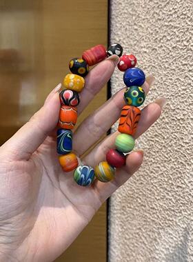 尼泊尔彩绘老琉璃手串SH