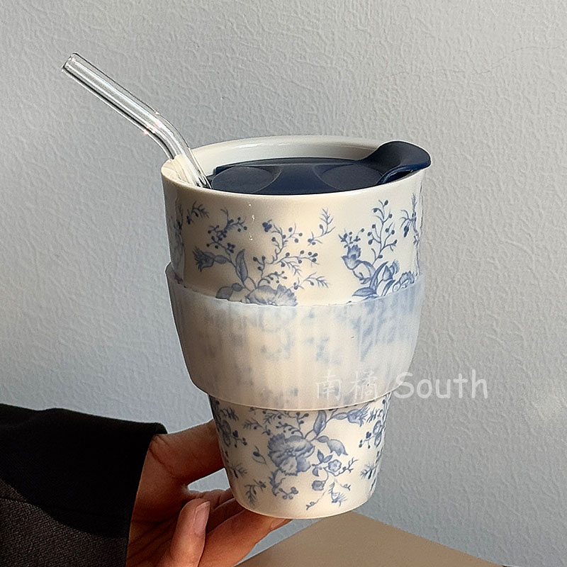 SOUTH新中式青花藤蔓陶瓷手握咖啡杯大容量水杯随手杯奶茶杯礼物