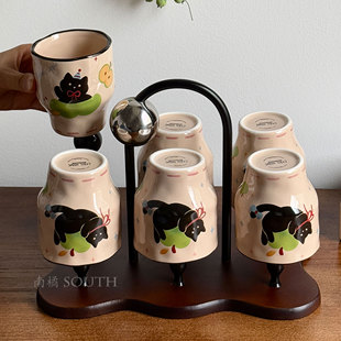 复古手作青趣猫咪陶瓷水杯客厅待客茶杯套装咖啡杯果汁杯乔迁礼物