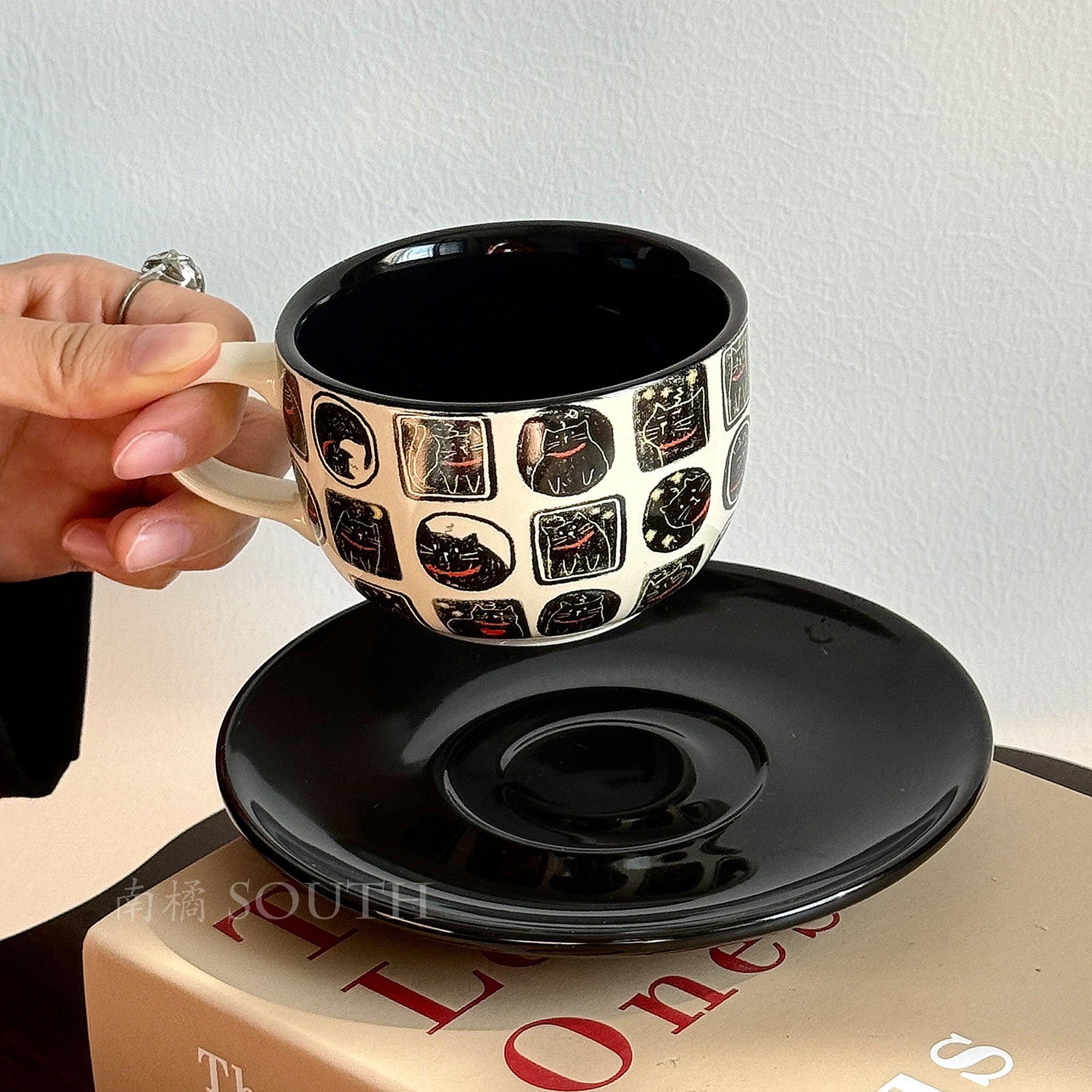 South复古黑夜猫子咖啡杯碟套装