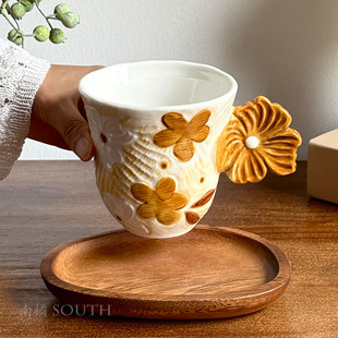 复古手作下彩釉浮雕秋月季陶瓷马克杯大容量水杯咖啡杯子小众礼物