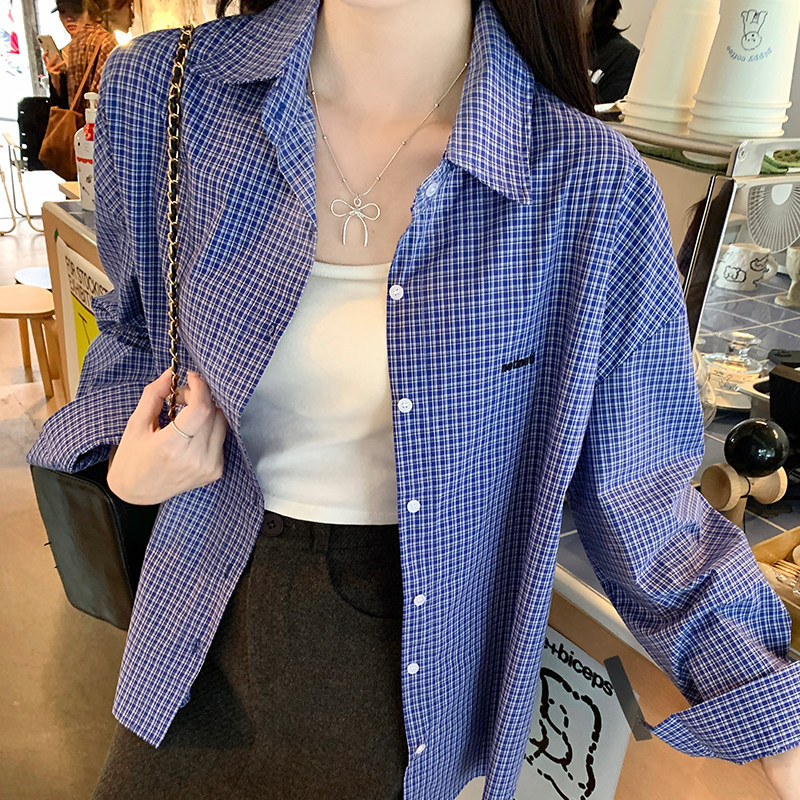 实价实拍#蓝色格子衬衫外套女春秋2024新款衬衣休闲宽松长袖上衣