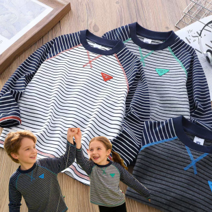 中大童100棉拼接条纹打底衫 T恤男女童上衣26021