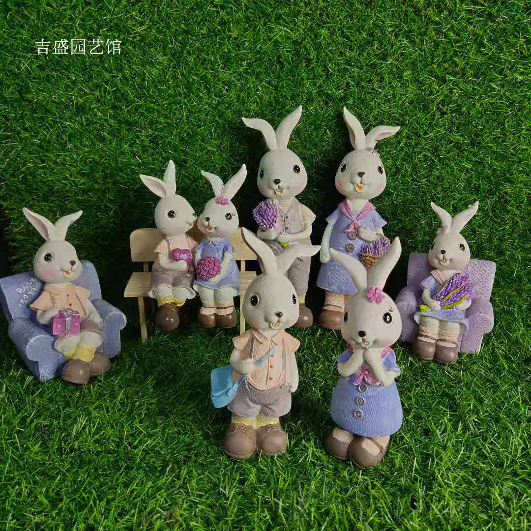 吉盛园艺欧式可爱呆萌兔子树脂吊脚娃娃摆件一家三口幸福