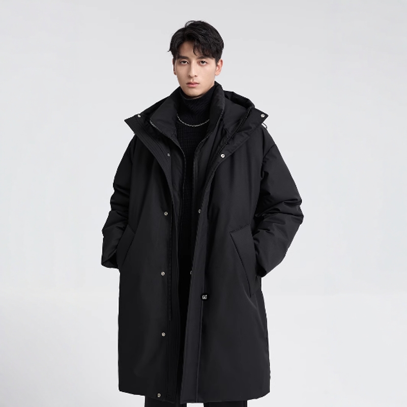 黑擇明冬季新款高級(jí)感連帽中長款派克羽絨服男士通勤加厚保暖外套