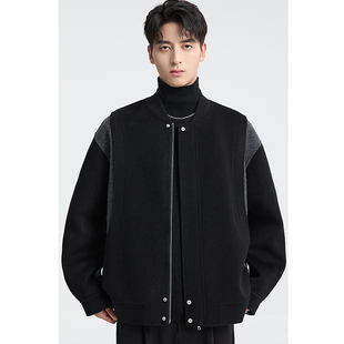 纯绵羊毛棒球领双面呢夹克男秋冬季潮流百搭拼色休闲高级感外套