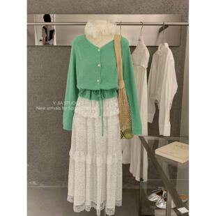 波点蛋糕半裙套装 假两件蕾丝拼接绑带收腰针织开衫 女 伊嘉 Y.JIA