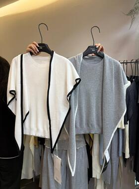 十三行 韩系气质撞色真两件短袖针织衫上衣+三角披肩设计感套装女