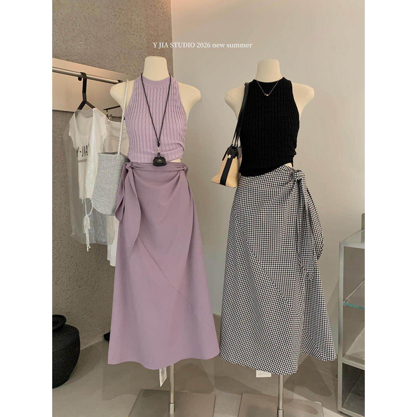 Y.JIA 伊嘉 气质不规则绑带休闲半身裙+麻花无袖针织背心两件套女