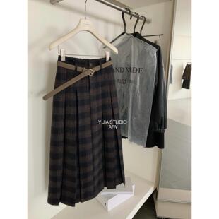 纹高腰a字半身中长裙半身裙女 十三行复古英伦学院风格 Y.JIA 伊嘉