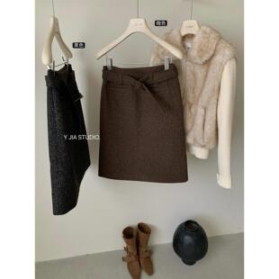 Y.JIA 伊嘉复古咖色毛呢包臀直筒半身裙女2025秋冬气质小个子半裙