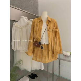 伊嘉 高腰半身裙套装 韩版 针织钩花背心 女 格子蝴蝶结衬衫 Y.JIA
