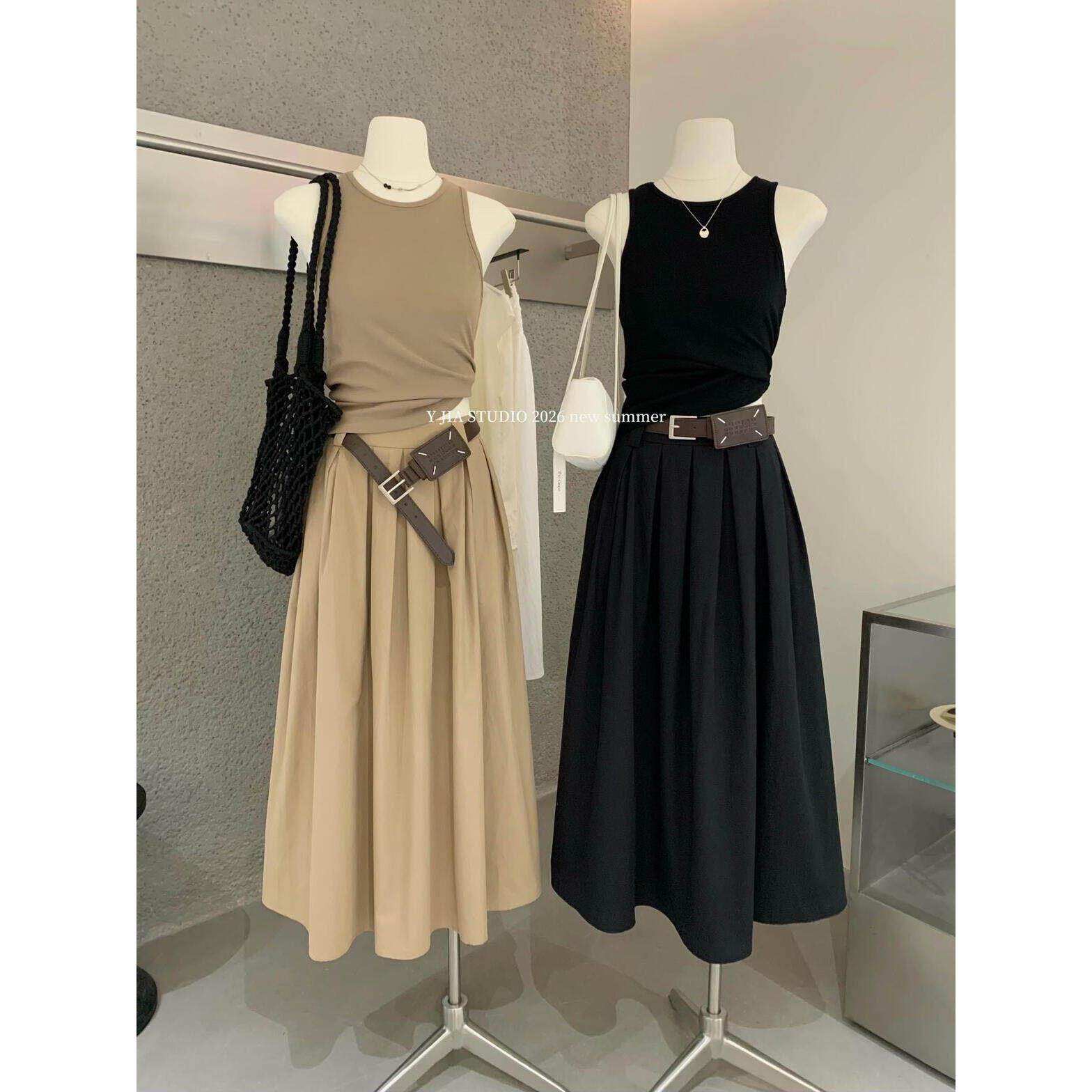 Y.JIA 伊嘉 高知千金简约百搭背心+高腰大摆长裙半身裙两件套装女