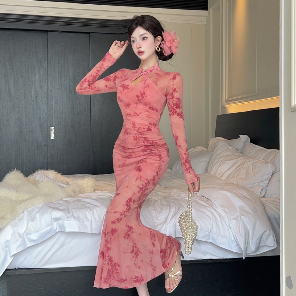 性感长款改良旗袍长袖包臀蕾丝打底连衣裙2025秋季新款法式女装