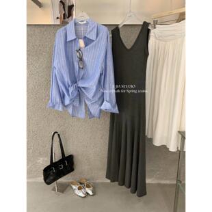 伊嘉 连衣裙两件套装 慵懒风蓝色条纹长袖 长款 女 背开叉衬衫 Y.JIA