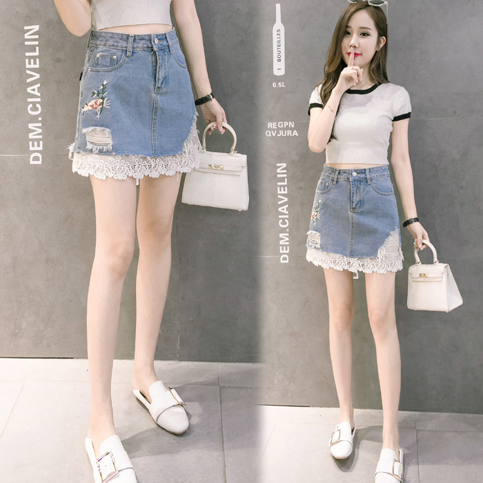 2019 Summer style Europe station Lace Mosaic Embroidery Ladies skirt hole Flash cowboy skirtin the Women's clothing/Boutique , Skirts  category - from Buy2taobao.com to provide professional Taobao agent buy service