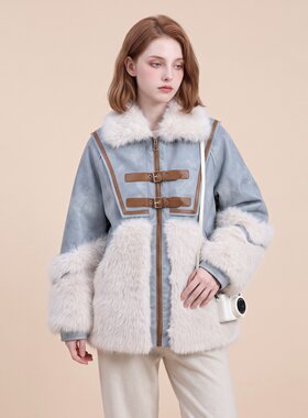 蓝色牛仔拼接兔毛绒外套