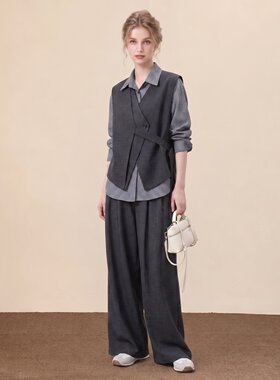 秋季条纹衬衫马甲阔腿裤三件套女