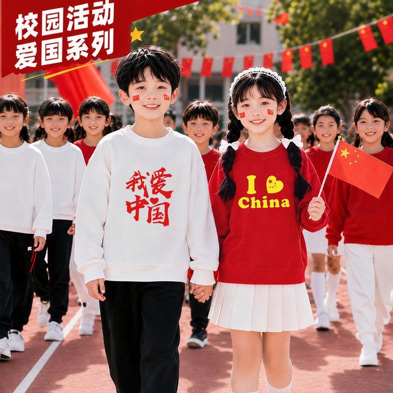 国庆儿童红色卫衣男童薄款女童秋款上衣幼儿园中小学生运动会服装