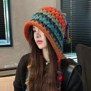 民族风彩虹毛线帽子女可爱保暖针织帽甜美秋冬护耳流苏辫子包头帽