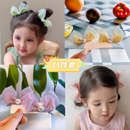 韩版珍珠立体蝴蝶结宝宝对夹小朋友泡泡纱女儿童发夹可爱边夹头饰