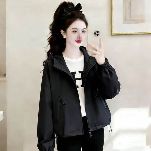 春秋款连帽短款红色抽绳外套女