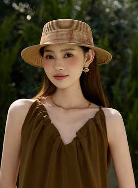 轻奢家-女夏新款特细超轻平顶草帽可折叠显脸小防晒复古海边礼帽