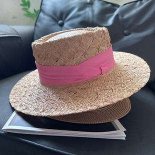 法式平顶草帽平沿女夏遮阳防晒海滩度假田园风穿搭百搭拉菲草礼帽