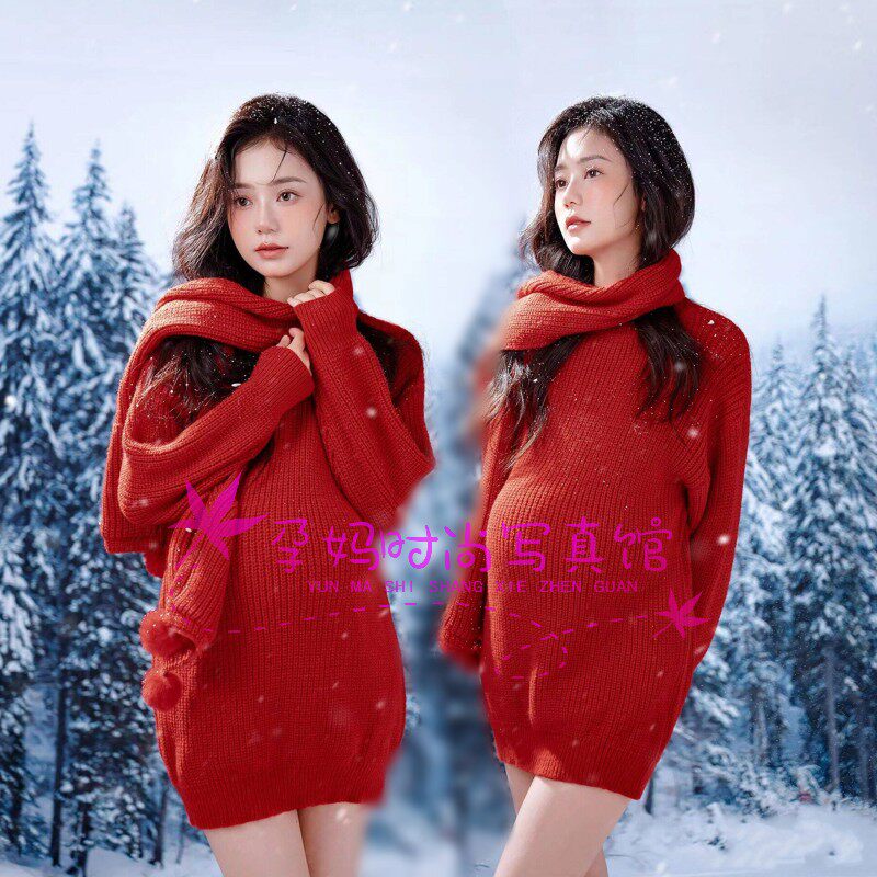 影楼孕妇服装雪景红色毛衣艺术