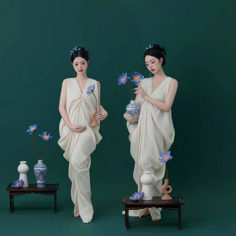 影楼新款孕妇摄影服装简约白色唯美连衣裙孕妈咪仙气时尚写真服装