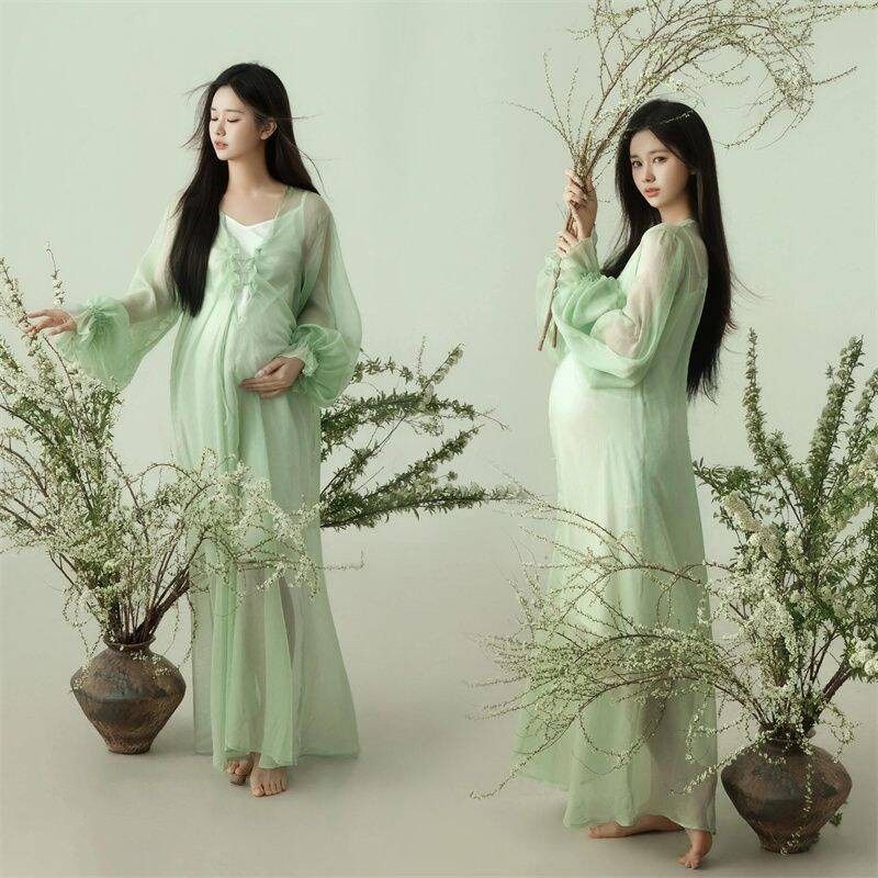 新中式禅意孕妇照写真绿色连衣裙