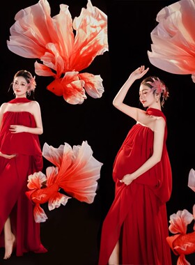 新年孕妇照红色锦鲤主题摄影服装喜庆孕妈咪大肚子艺术照写真礼服