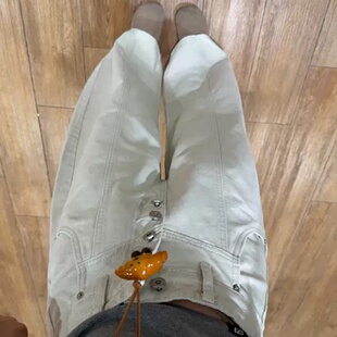 灰白色慵懒松弛风牛仔裤女小个子宽松显瘦单排扣弯刀阔腿拖地长裤