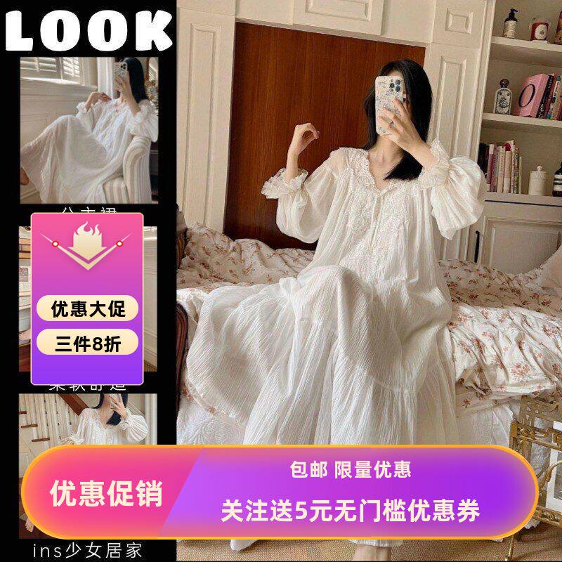 法式纯棉宫廷甜美公主风睡裙女长袖春秋新款感蕾丝花边睡衣连衣裙