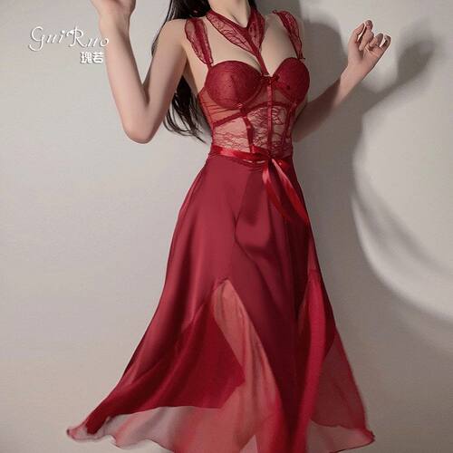 瑰若缎面长款挂脖系带钢圈聚拢加胸垫吊带睡裙女家居服套装P4339