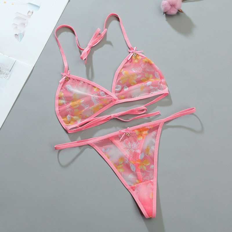 新品印花欧美网纱内搭情调内衣绑带文胸套装少女性感蕾丝诱惑三点