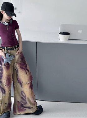 女童复古彩绘涂鸦工装牛仔裤2026夏季新款高腰显瘦宽松阔腿长裤潮