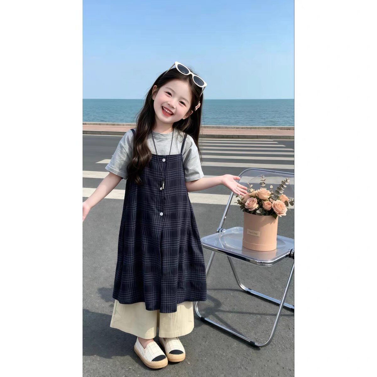 女童韩系超火套装2026夏季中大儿童洋气短袖格子吊带连衣裙三件套