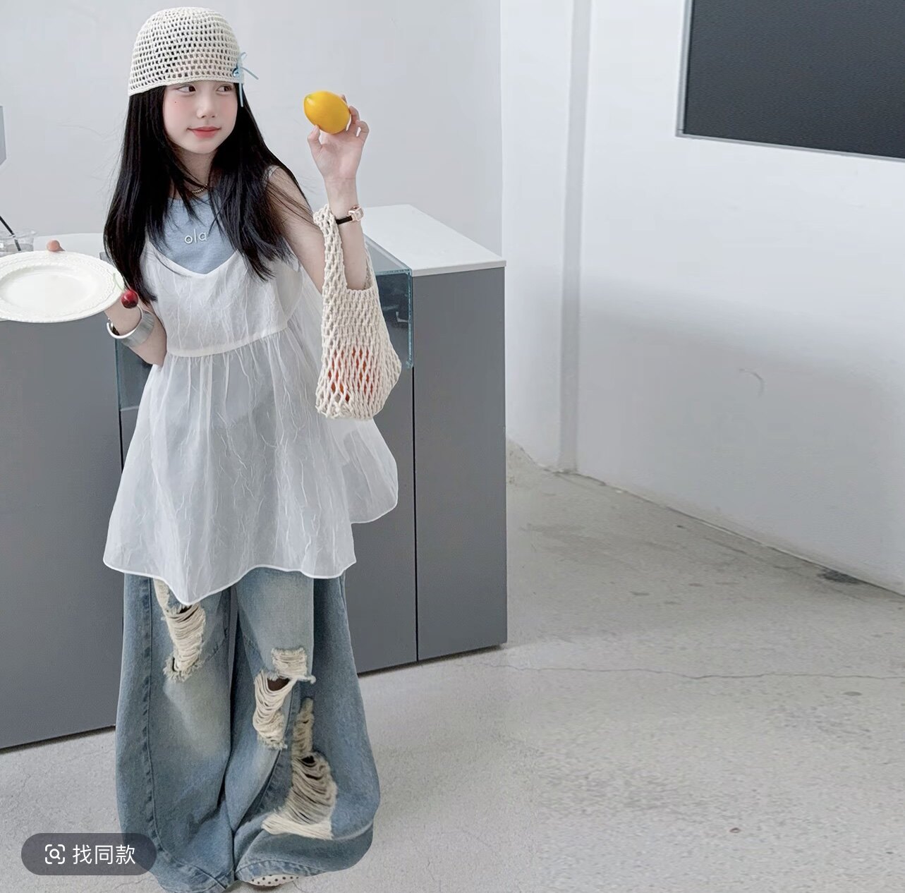 女童韩系叠穿风后背蝴蝶结背心破套装