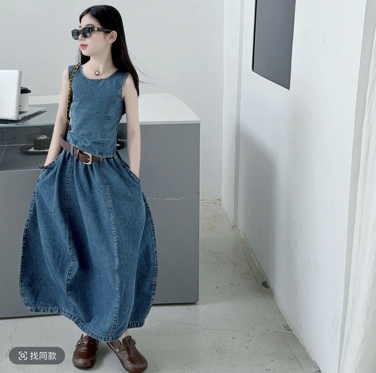 女童港风复古牛仔背心花苞裙腰带三件套装2026夏季中大童
