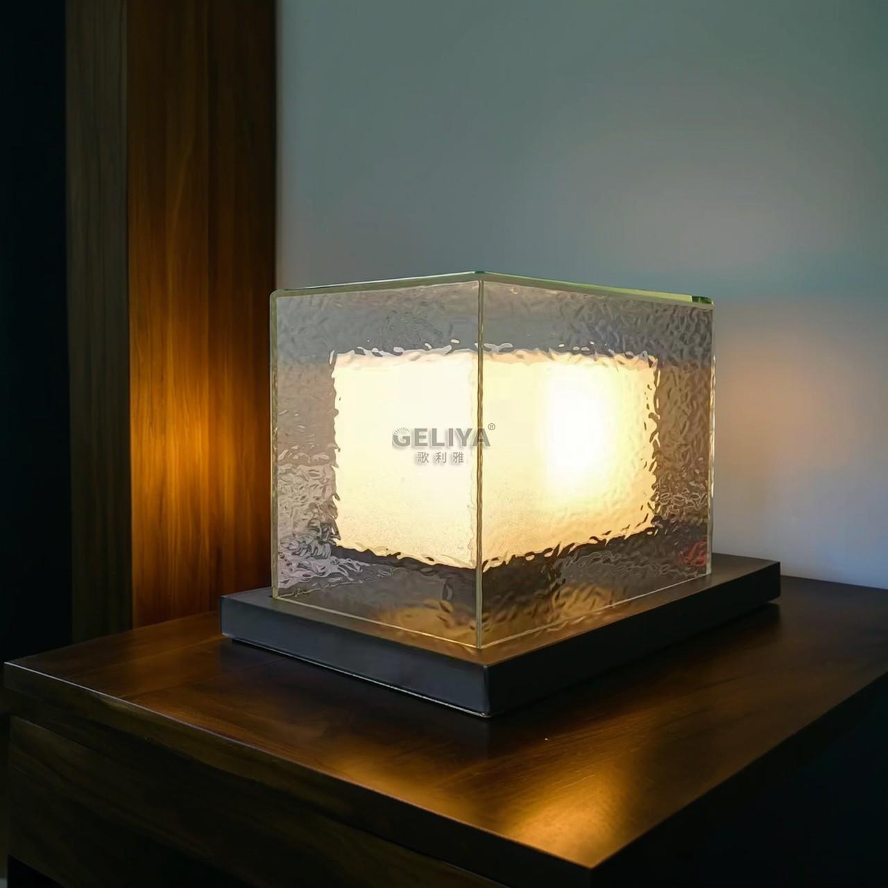 客厅茶室书房卧室床头不锈钢方形水波纹玻璃台灯户外端景台售楼部