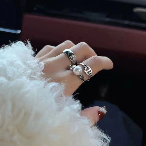 《己颂》ins风双层猪鼻子戒指925纯银淡水珍珠指环开口时尚洋气