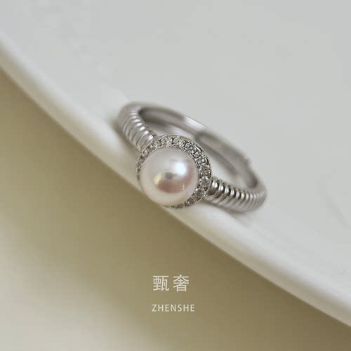甄奢中古厚实纯银天然珍珠戒指
