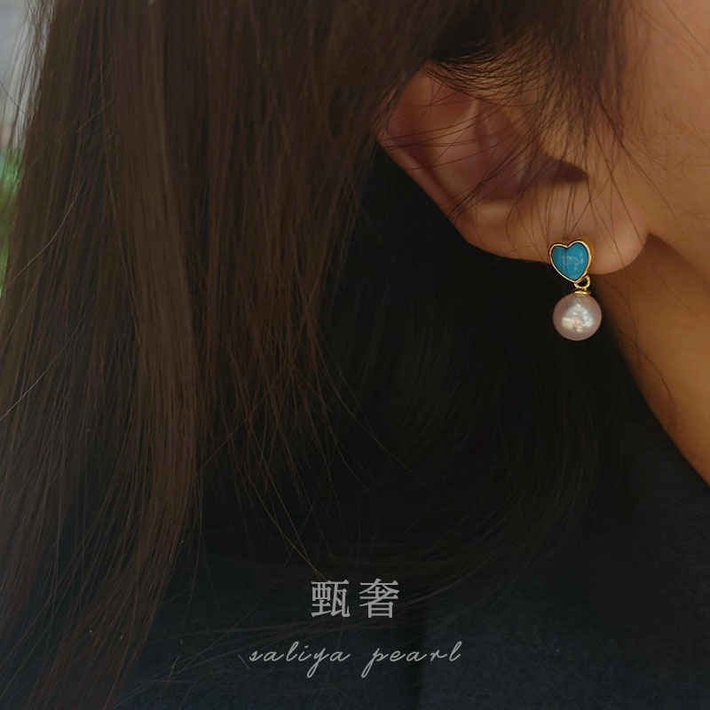 甄奢爱心绿松石淡水珍珠耳钉