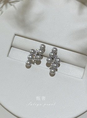 《月落银滩》强光灰色珍珠耳钉轻奢多珠排款设计925纯银通勤耳饰