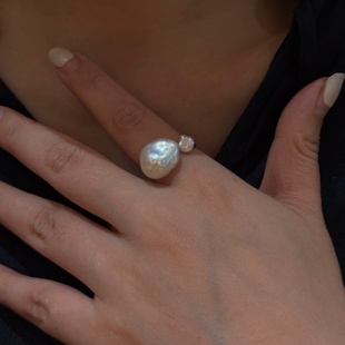 《别样风月》特选炫彩巴洛克珍珠双珠戒指开口可调节S925纯银指环