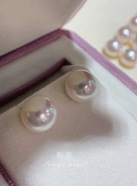《半月》10-11mm极光高品质6A级馒头圆无核淡水珍珠耳钉素钉耳环