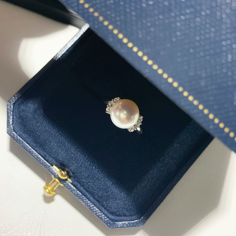 《捧月》M家款天然淡水珍珠戒指女纯银镜面白透粉简约质感开口