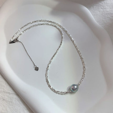 《银蓝记忆》8-9mm银蓝色真多麻巴洛克海水珍珠碎银子路路通项链